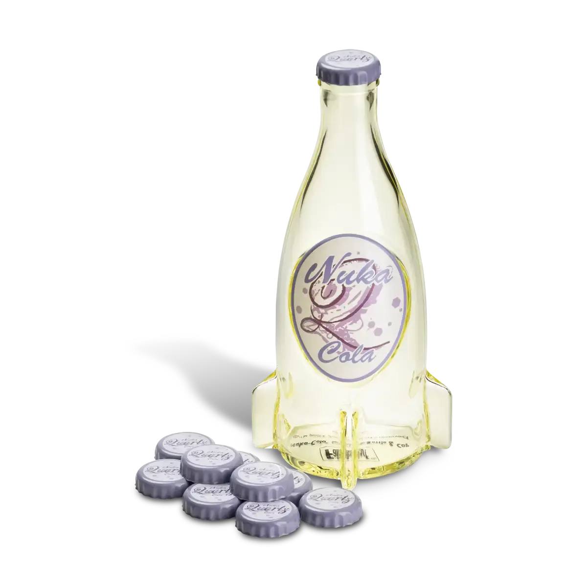 Fallout "Nuka Cola Quartz" Glass Bottle and Caps Fallout "Nuka Cola Quartz" Glass Bottle and Caps